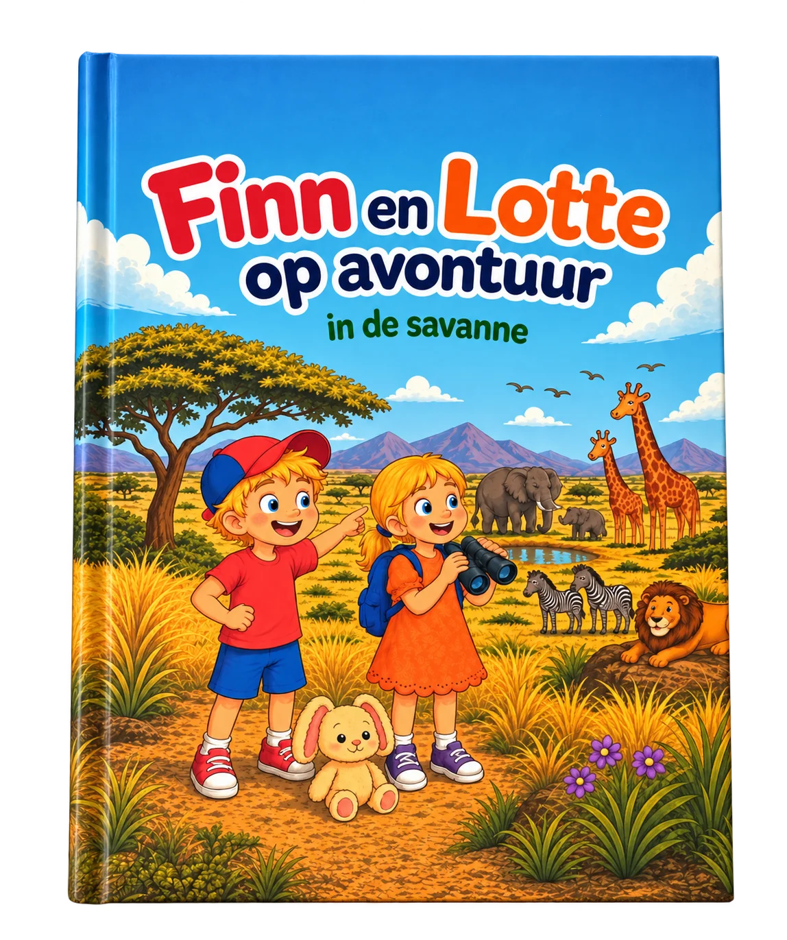 Vooraanzicht van het hardcoverboek Finn en Lotte op avontuur in de savanne